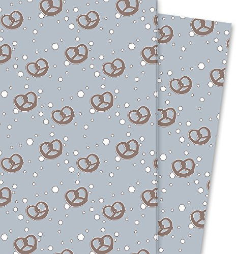 Herzhaftes Männer Geschenkpapier mit Brezeln auch zu Weihnachten, grau (4 Bögen, 32 x 48 cm) Dekorpapier, Papier zum Einpacken, für tolle Geschenk Verpackung und Überraschungen