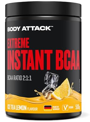 Body Attack Extreme Instant BCAA - 500 g - Ice Tea Lemon - Made in Germany - Gut lösliches, veganes BCAA Pulver im Verhältnis 2:1:1 - Zuckerfreie Aminosäuren für intensives Training - Mit L-Leucin