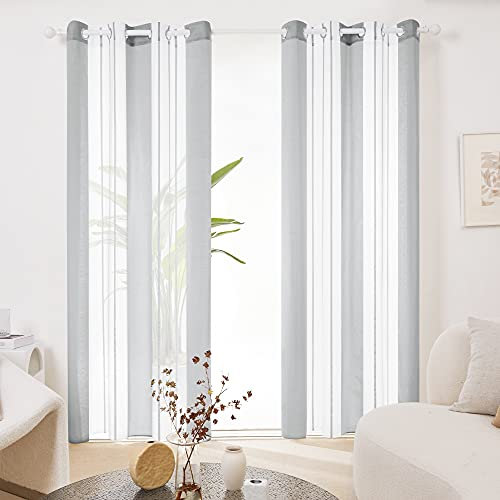 Deconovo Transparente Vorhänge mit Ösen, Stores Gardinen für Wohnzimmer, Voile Gardine in Leinenoptik Nadelstreifen, 290x140 cm(HöhexBreite), Hellgrau, 2er Set