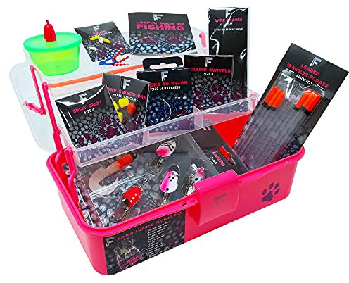 FLADEN Fishing - Junior River Loaded Coarse Terminal Tackle Box Set - Ideal Bits & Pieces Starter Accessory Set For Kids - PINK or GREEN 2 Tray Cantilever Box Pack 28cm x 17cm x 13cm (Pink) [19-099P]