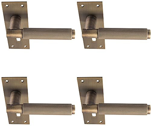 4 PACK | PAIR Knurled Round Handle on Slim Lock Backplate - 150 x 50mm - Antique Brass | Designer Lever on Backplate Door Handle - Internal Door Hardware - Lock, Euro, Oval and Latch Options Available