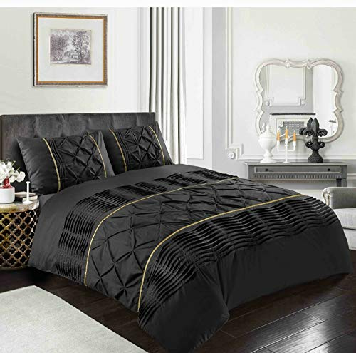POSHLIVING Luxurious King Black Pintuck Pleated Gold Laced Duvet Quilt Cover Set Fancy Polycotton Diamond Pinched Bedding Set With Pillowcases (King)