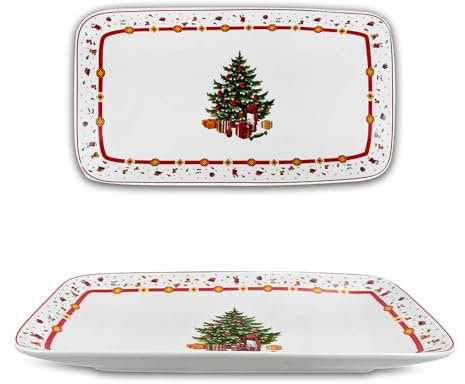 ARCA, Vassoio da Portata Natalizio, in Porcellana, per Lavastoviglie e Microonde, Resistente e Duraturo, Deco con Albero di Natale, Idea Regalo, Decorazione Tavola di Natale, 22x12 cm
