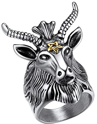 FaithHeart Herren Ring，Edelstahl Baphomet Ziegenkopf Ring， Punk Ziegenschädel Siegelring Fingerring， Satanischer Schaf Ziege Kopf Ring für Geburtstag Vatertag Valentinstag