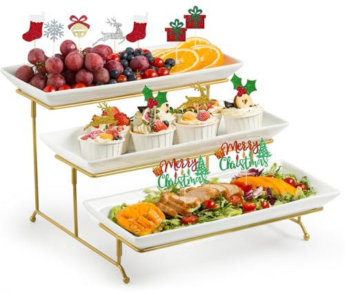 LAUCHUH Large 3 Tier Serving Stand Tiered Serving Trays Collapsible Sturdier Rack with 3 Porcelain Serving Platters for Fruit Dessert Presentation Thanksgiving Christmas Party Display Set, 14 Inch