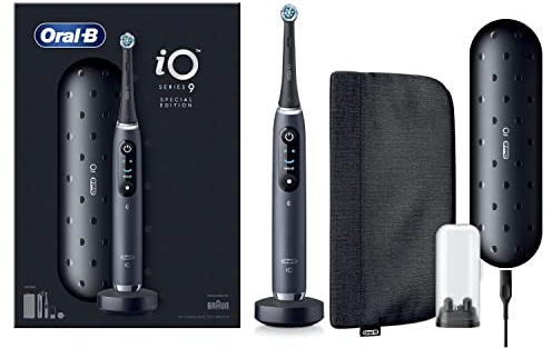 Oral-B iO Serie 9 Elektrische Bürste mit Magnettechnologie iO, Sonderedition, 1 Elektrische Bürsten-Spitze, 1 Reiseetui mit Ladefunktion, 1 Kosmetiktasche, Schwarz