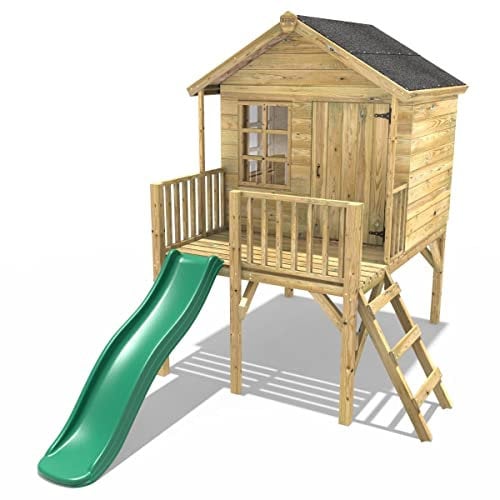 Rebo® 5FT x 5FT Childrens Wooden Garden Playhouse on Deck with 6ft Slide - Pheasant Green | OutdoorToys | Kids' Outdoor Wooden Garden Wendy House, Children's Play Shed, Weather Resistant