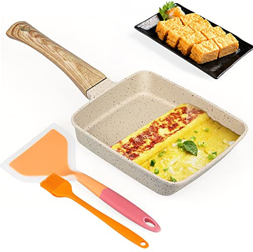 dingdongji Sartén Tortilla Japonesa,Sartén Tamagoyaki,Sartén Cuadrada Japonesa con Espátula de Silicona y Cepillo de Aceite,Utensilios de Cocina de Cocina para el Hogar