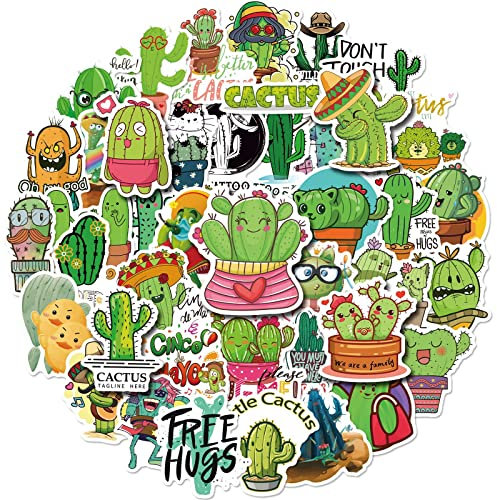 FOCRI 50Pcs Kaktus Aufkleber, Niedliche Grüne Cartoon Aufkleber für Laptop, Wasserflasche, Tagebuch, Computer, Vinyl, Wasserdicht, Outdoor
