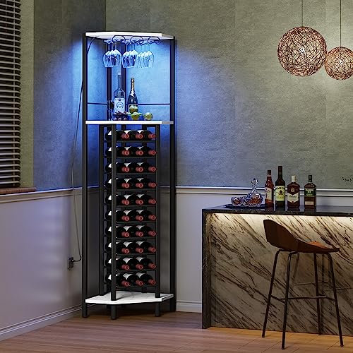 Homeiju Corner Wine Rack with Glass Holder and Led Strip Light, Corner Bar Wine Racks Freestanding Floor, Industrial Corner Bar Cabinet for Kitchen, Dining Room, Living Room or Cellar