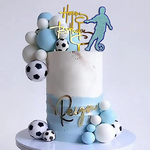 UFROMSKY 28pcs Soccer Cake Topper Soccer Ball Cake Decoration for Boys Sport Cupcake Topper with Blue White Balls and Mini Footballs for Sports Theme Birthday Party Supplies