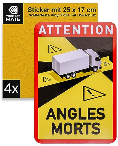 Aufkleber für Toter Winkel, 4 Stück, 25 x 17 cm, selbstklebende Folie für LKW, vorgeschrieben für KFZ ab 3,5 Tonnen in Frankreich, Attention Angles Morts Sticker Truck, Lastkraftwagen Klebesticker