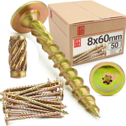 Lun Fix Tellerkopfschrauben 8x60 | 50 Stück | TX40 Torx | Tellerkopf mit Fräsrippen | Gelb Verzinkt | Holzschrauben | Terrassenschrauben | Spanplattenschrauben | Selbstschneidende Schrauben