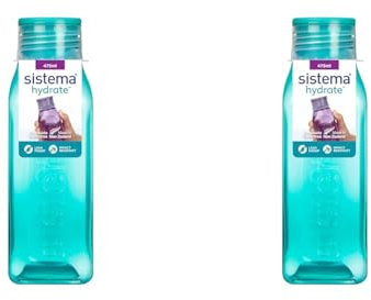 Sistema Bouteille d'eau carrée, 475 ml, Bouteille d'eau sans BPA, Bouchon étanche, Bords antidérapants, Coloris assortis (Lot de 2)