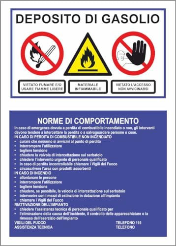 M-ITALY CARTELLO SEGNALETICO - Deposito gasolio fondo blu - Adesivo Extra Resistente, Pannello in Forex, Pannello In Alluminio (30x42, Plastica)