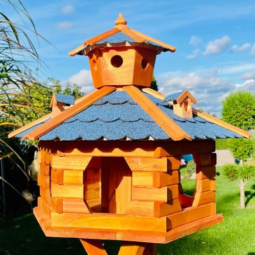 DARLUX handgefertigtes wetterfestes Sechseck XXL Vogelhaus ohne Ständer | Vogelfutterstation, lasiert, Outdoor, Garten, Balkon, Futterhaus, Futterhäuschen (Größe XXL ohne Ständer, Blau - Braun)