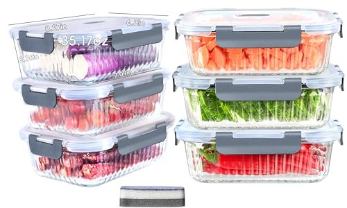 IUGHN 1040ml Glass Meal Prep Containers - 6pcs, Airtight Glass Storage Containers with Lids, BPA Free, Gray