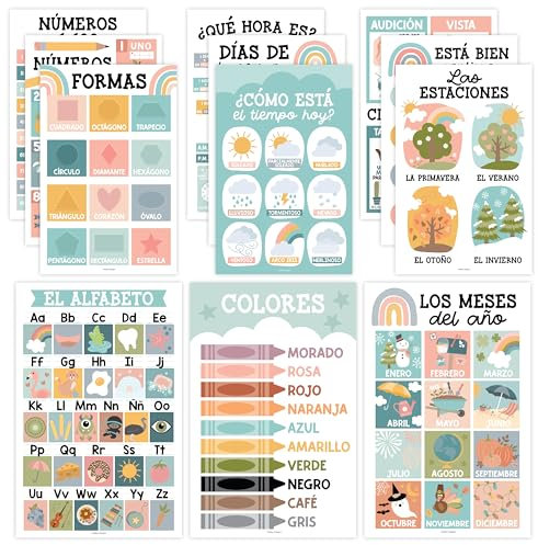 Hadley Designs Spanische Klassenzimmer-Dekorationen – 12 spanische Poster für Klassenzimmer, Abecedario para Niños en Español, laminierte Boho-Poster, 28 x 43 cm