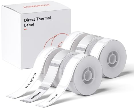 NIIMBOT Etiketten Selbstklebend, 12 x 40mm, 14 x 30mm, 12.5 x 109mm (2 Rollen) Thermo Etikettenband, Kompatibel Mit D110 D11 D101 Etikettendrucker, 6 Rollen
