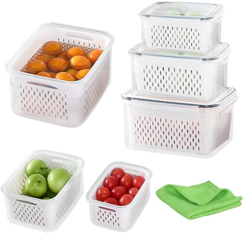 KUAOOAUK 3Pcs Fresh Food Storage Containers, Fridge Storage Containers with Cleaning Cloth, Fridge Organisers with Lids and Drain Basket for Fridge Fruit Salad Vegetables(3.3L+1.7L+0.8L)