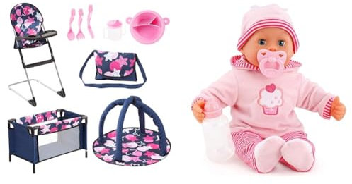 Bayer Design 61769AB Puppen Set 9 in 1 mit Reisebett & Babypuppe First Words mit Schlafaugen, spricht 24 Babylaute, mit Schnuller und Flasche, 38 cm