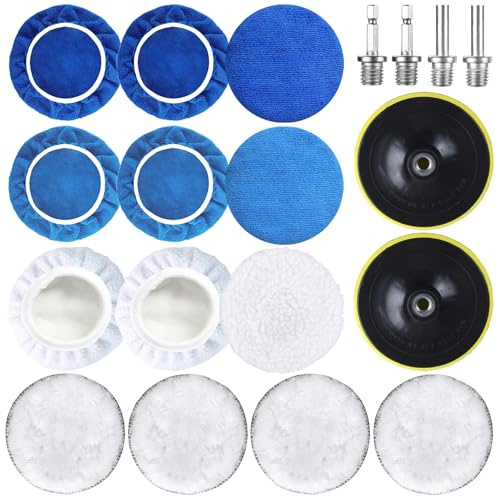 19 Stück 150mm Auto Polierpad Set Polierscheibe Bohrmaschine Polierpad Kit, Polieraufsatz Winkelschleifer Akkuschrauber, 9 Polierhauben, 4 Wolle Polierpad, 2 Klett-Schleifteller, 4 M14 Bohrer Adapter