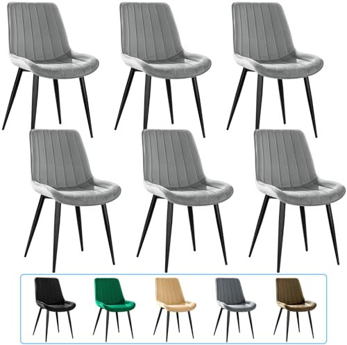 JIJIAN Esszimmerstühle 6er Set, Küchenstühle, Polsterstühle, Wohnzimmerstühle, Design Stuhl mit Rückenlehne, Sitz aus Samt mit schwarzen Metallbeinen, Grau