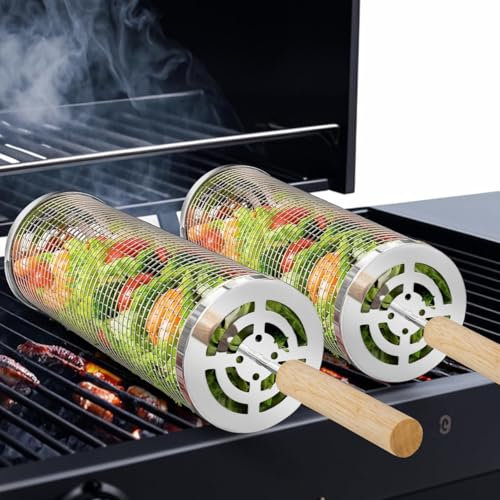 Nesting Grill Baskets (2 PCS), 304 Stainless Steel with Removable Wooden Handle, Rolling Grilling Net, BBQ Accessories Tools for Vegetables Shrimp, Outdoor Camping, Gifts for Men Dad and Husband