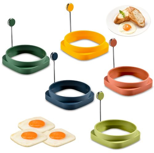Silicone Egg Rings Double Sided Egg Ring 5Pcs Square & Round Egg Cooker Ring with Handle Frying Non Stick Egg Maker Molds for Pancakes, Breakfast and Sandwich