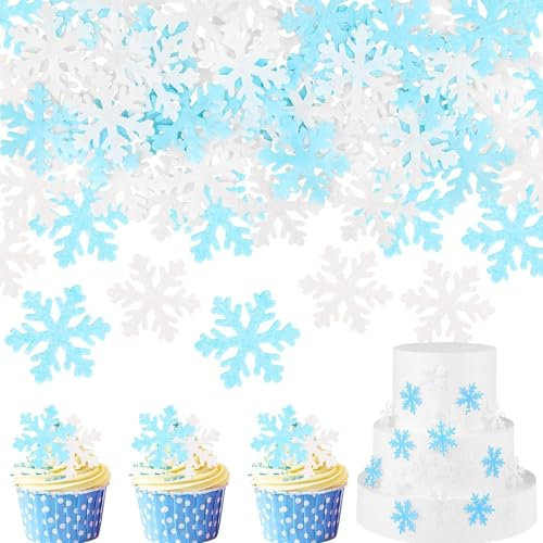 50 PCS Essbare Schneeflocken Tortendeko, Esspapier Weihnachten Cupcake Topper, Schloss Schneeflocke Tortendeko für die Winterkuchen Dekoration(Blau + Weiß)