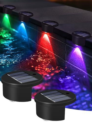 Rinfency Confezione da 4 luci solari per terrazze e piscine, luci solari RGB per esterni, luci solari a LED per piscine fuori terra, accessori per trampolino, terrazza, pali di recinzione