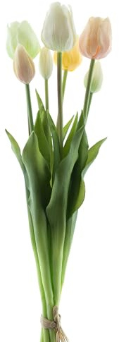 mucplants künstliche Tulpen Classic ca. 47cm Tulpenbündel mit 4 Tulpen und 3 Tulpenknospen real Touch (Gelb/Creme-weiß)