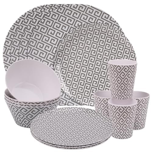 16-Piece Geometric Melamine Dinner Set | Stylish Plates, Dessert Plates, Bowls & Cups | Service for 4 | Durable & Reusable | Great for Indoor, Outdoor, Picnics & Camping