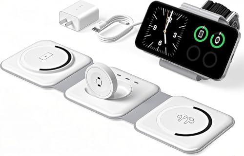 3 in 1 Ladestation kompatibel mit Mag-Safe faltbares Wireless Charger für iPhone 16/15/14/13, AirPods 2/3 für Apple Watch, mit 1.8M Kabel+18W Netzteil (Weiß)
