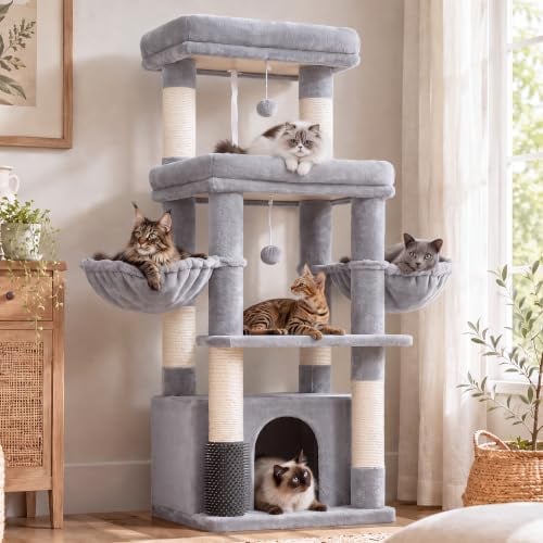 Hey-brother Arbre à Chat pour Grands Chats, 2 Grandes Plateformes, MPJ070W | 130 cm Tour de jeux pour chats spécifique pour les chats grands, 2 hamac, un grand niche un peigne à toilettage, Gris Clair