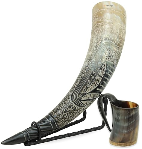 Viking Drinking Horn with Stand & Cup – Norse Mead Horn Set with Carved Flame Design – Includes Burlap Gift Bag – Medieval Ale Mug for Reenactments, Festivals, or Gifts (Royal Style 4)