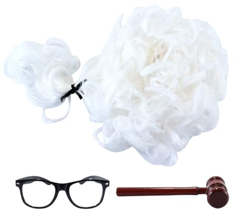 Gutol 3PCS Judge Costume Accessories, Judge Wooden Hammer Black Glasses and Wigs with Braid, Cosplay Gentleman Lawyer Wig (White)
