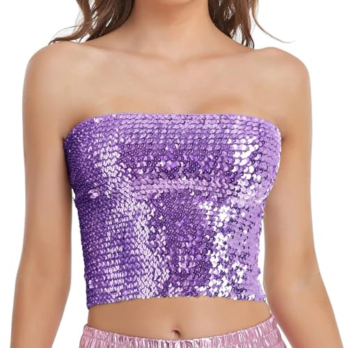 Pailletten Oberteil Damen, Glitzer Pailletten Tank Top Trägershirt Damen Tube Top Ärmellos Bandeau Tops für Fasching Party Glitzer Bandeau Tops Party Club Outfits Bauchtanz Kostüm
