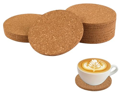 12Pcs Cork Coasters, 10 × 10cm Absorbent Cork Coasters Round | Cup Corks Pads for Home Office Décor