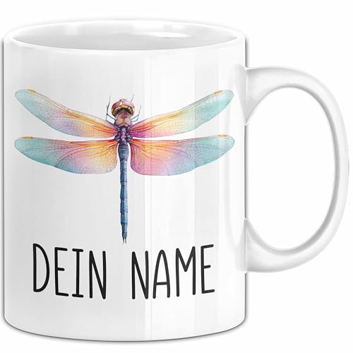 Libelle Tasse mit Namen – Personalisierte Tasse Libelle Geschenkidee Insekt Namentasse Geschenk (Weiss)