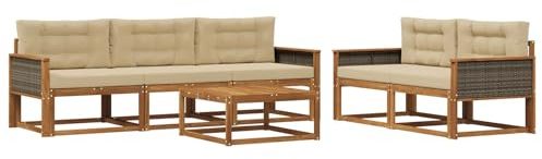 vidaXL Outdoor-Sofagarnitur mit Kissen 6 pcs Natur und Beige, Hochmodernes Gartenmöbel Set, Sofakollektion für draußen, Lounge für Garten, Poolbereich Sitzgruppe