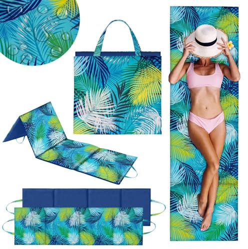 Domarex Strandmatte Faltbar XXL Gepolstert 180x50 cm, Dicke wasserdichte Liegematte für Steinstrand und Sand, Bequeme Picknickdecke mit Tragegriff, Handgefertigte Strandauflage, Palm Breeze