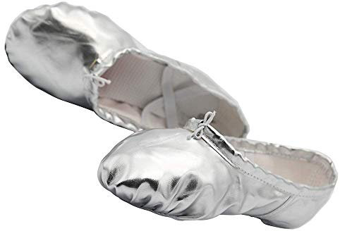 Damen Ballettschuhe Yoga Tanzschuhe Lackleder Ballettschläppchen Geteilte Ledersohle Gymnastik(36, Silber)