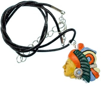 Miniblings Indianerkopf Indianer Kette Halskette Bunt Maya Keramik Mensch - Handmade Modeschmuck - Lederkette