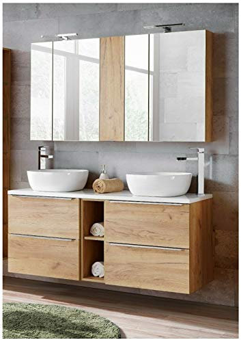 naka24 Badmöbel Set Capri-B Eiche Gold 140 cm mit 2 Waschbecken LED Soft - Close (Waschbecken Waschbeckenunterschrank Spiegelschrank)