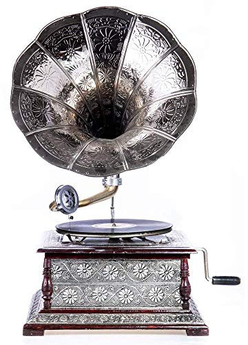 Trichtergrammophon „Charleston“ – Vintage Grammophon im Stil der 20er aus Holz & Silber-Metall, voll funktionsfähig mit Handkurbel, inkl. Schellackplatte & Nadeln, – Retro Musikgerät & Deko