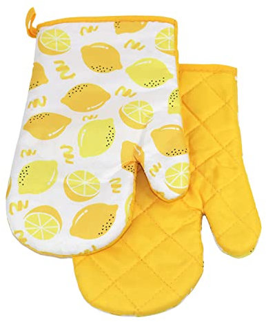 2 TLG. Set Topfhandschuhe mit Magnet Grillhandschuhe Backhandschuhe Ofenhandschuhe Kochhandschuhe Küchenhandschuhe Früchte Zitrone- Gelb Weiß