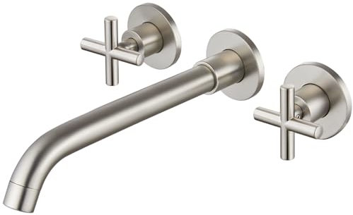 Midanya Robinet d'évier mural de salle de bain, double poignée, 3 trous, robinet mitigeur large avec valve brute, robinets à double poignées croisées, nickel brossé