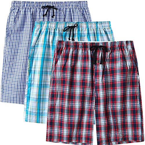 MoFiz Hombre Pantalón Corto de Pijama Casual Shorts a Cuadros de Algodón con Bolsillos 3 Pack- F, XXL