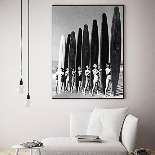 Modelle mit Surfbrettern Poster und Drucke Vintage Schwarz-Weiß-Fotografie Leinwand Malerei Nordische Bilder für Wohnzimmer 20x25cm (8 x10) Ungerahmt